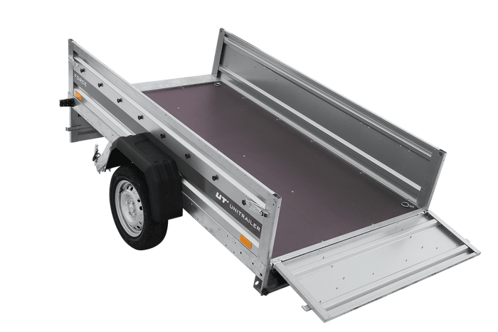 Einachsanhänger 230×125 UNITRAILER FORCE 230 KIPP mit Gitterwänden, H-0-Rahmen und grauer Plane-Neu