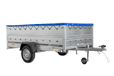 Autotransportanhänger auf Blattfedern 264×150 UNITRAILER GARDEN 265/R KIPP mit BIS-Seitenwänden, H-0-Rahmen und blauer Plane-Neu