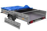 Einachsanhänger 264×150 UNITRAILER GARDEN 265 KIPP mit einem Flachplanenträger und blauer Plane-Neu