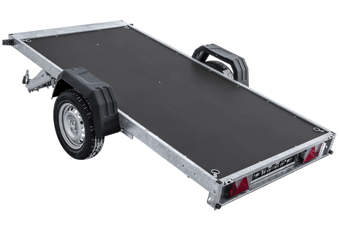 Einachsiger Anhänger auf Blattfedern 264×125 UNITRAILER FORCE 264/R KIPP mit Gitterseitenwänden, H-0-Rahmen und blauer Plane-Neu