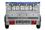 Einachsiger Anhänger auf Blattfedern 264×125 UNITRAILER GARDEN 264/R KIPP mit Gitterseitenwänden, H-0-Rahmen und blauer Plane-Neu