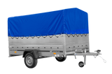 Einachsiger Anhänger auf Blattfedern 264×150 UNITRAILER GARDEN 265/R KIPP mit BIS-Seitenwänden, H-800-Rahmen und blauer Plane-Neu