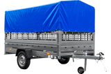 PKW-Anhänger 264×150 UNITRAILER GARDEN 265 KIPP mit Gitteraufsatz, Hochspriegel H-800 und blauer Plane-Neu