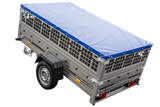 Pkw Transport Anhänger 230×125 Garden Trailer 230 KIPP mit Laubgitteraufsatz, blauer Flachplane, Planenträgern und Stützrad-Neu