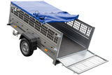 Pkw Transport Anhänger 230×125 Garden Trailer 230 KIPP mit Laubgitteraufsatz, blauer Flachplane, Planenträgern und Stützrad-Neu